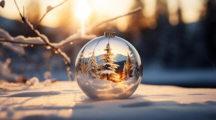 Christmas transparent bauble in the snow in winter natural background.