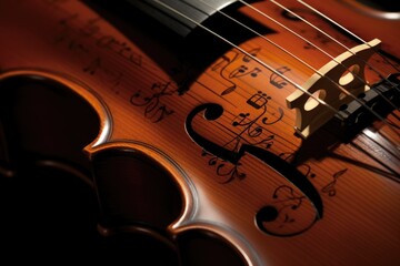 A detailed close-up of a violin with beautifully engraved musical notes. Perfect for music-themed...