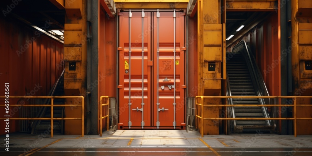 Aufkleber a picture of a red metal door in a building with stairs. this image can be used to represent entranc