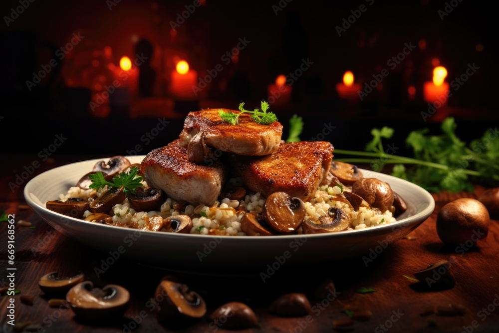 Poster A plate of food is beautifully arranged on a table with candles in the background. This image can be used to create an inviting and romantic ambiance for special occasions or intimate dinners.
