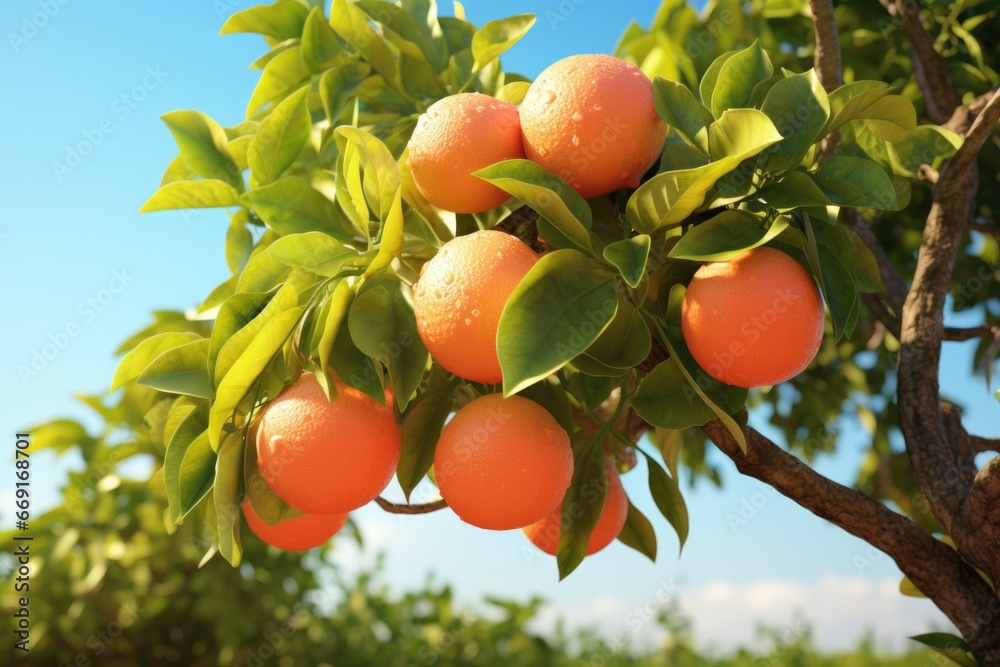 Poster A picture of a bunch of oranges hanging from a tree. This image can be used to depict fresh fruits, nature, agriculture, or a citrus farm.