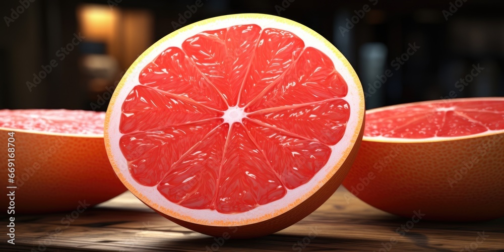 Poster A picture of a grapefruit cut in half and placed on a table. This image can be used for various purposes.