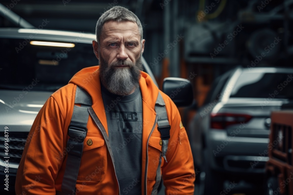 Poster a man wearing an orange jacket standing in a garage. this image can be used to depict a mechanic, ha