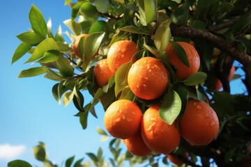 A cluster of ripe oranges hanging from a tree. This image can be used to depict a vibrant citrus orchard or to symbolize abundance and freshness.