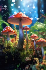 A group of mushrooms sitting on top of a lush green forest. This picture can be used to depict the beauty of nature and the diversity of flora in forests.