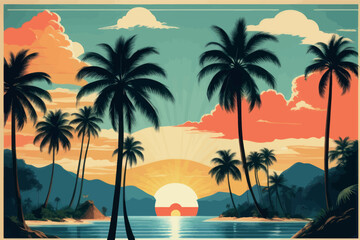 Fototapeta na wymiar sunset at the beach with palm trees and sea. vector art illustration.sunset at the beach with palm trees and sea. vector art illustration.sunset at beach with palm trees and sun.