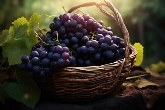 A basket full of grapes sitting on a table. This image can be used to depict a healthy lifestyle, agriculture, or a harvest theme.