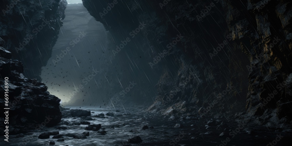 Aufkleber A picture of a dark cave with a stream running through it. This image can be used to depict mystery, adventure, or exploration. It is also suitable for nature-related projects.
