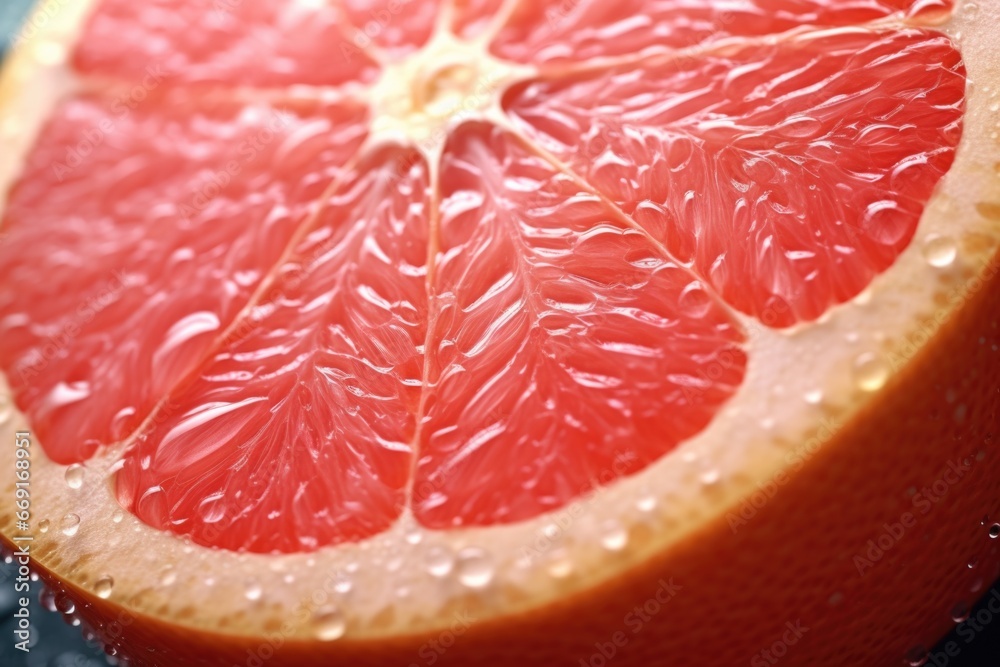 Poster a close-up view of a grapefruit that has been cut in half. this vibrant and juicy fruit is perfect f