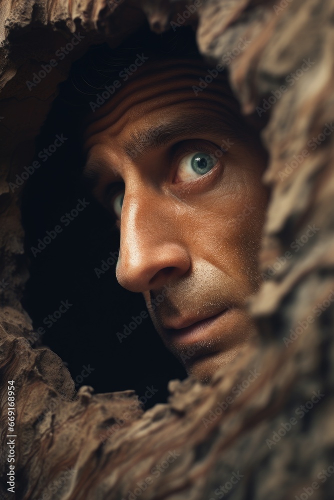 Poster A man is seen peering out of a small hole in a tree. This image can be used to depict curiosity, exploration, or a hidden discovery.