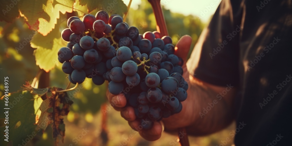 Poster a person holding a bunch of grapes in their hand. can be used in various contexts.