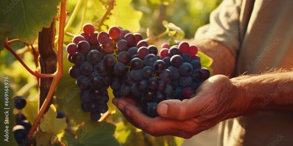 Poster a close-up view of a person holding a bunch of grapes. this image can be used to depict healthy eati