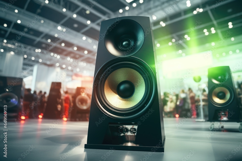Poster a pair of speakers sitting on top of a table. can be used for music-related themes or as a represent