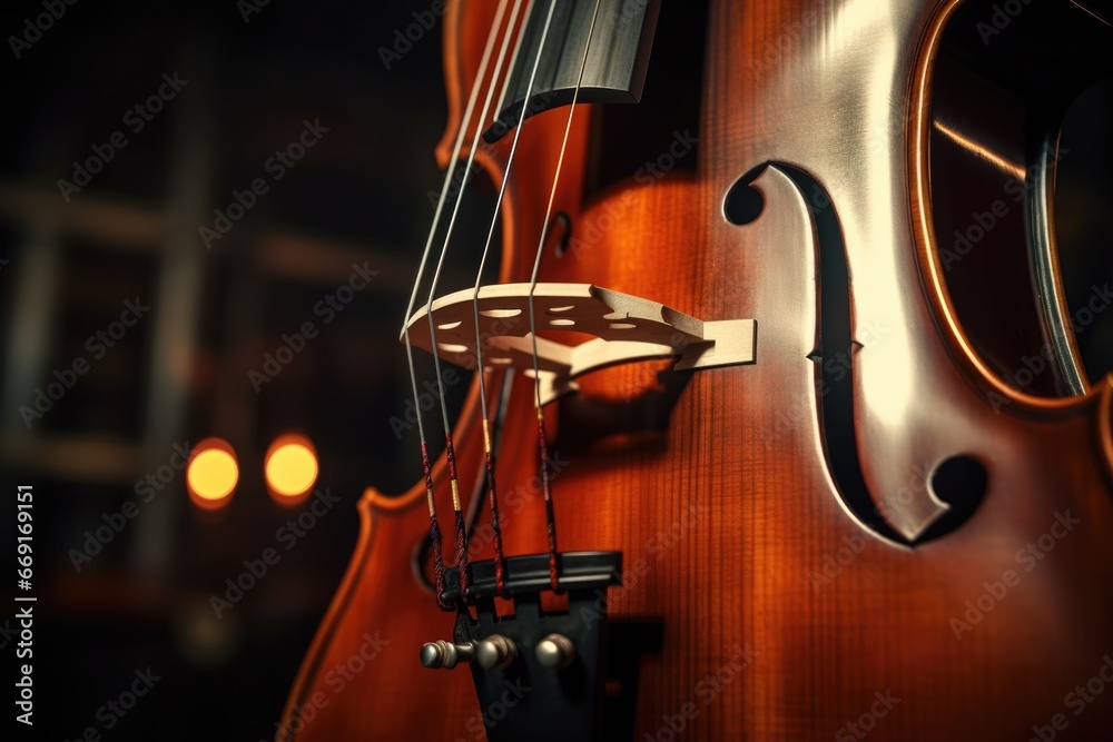 Aufkleber A detailed close-up view of the strings on a violin. This image can be used to showcase the craftsmanship and beauty of a violin, or to illustrate the art of playing a musical instrument.