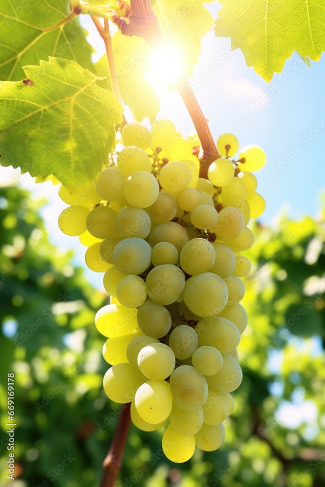 Poster a cluster of ripe grapes hanging from a vine. perfect for wine enthusiasts or food and beverage-rela