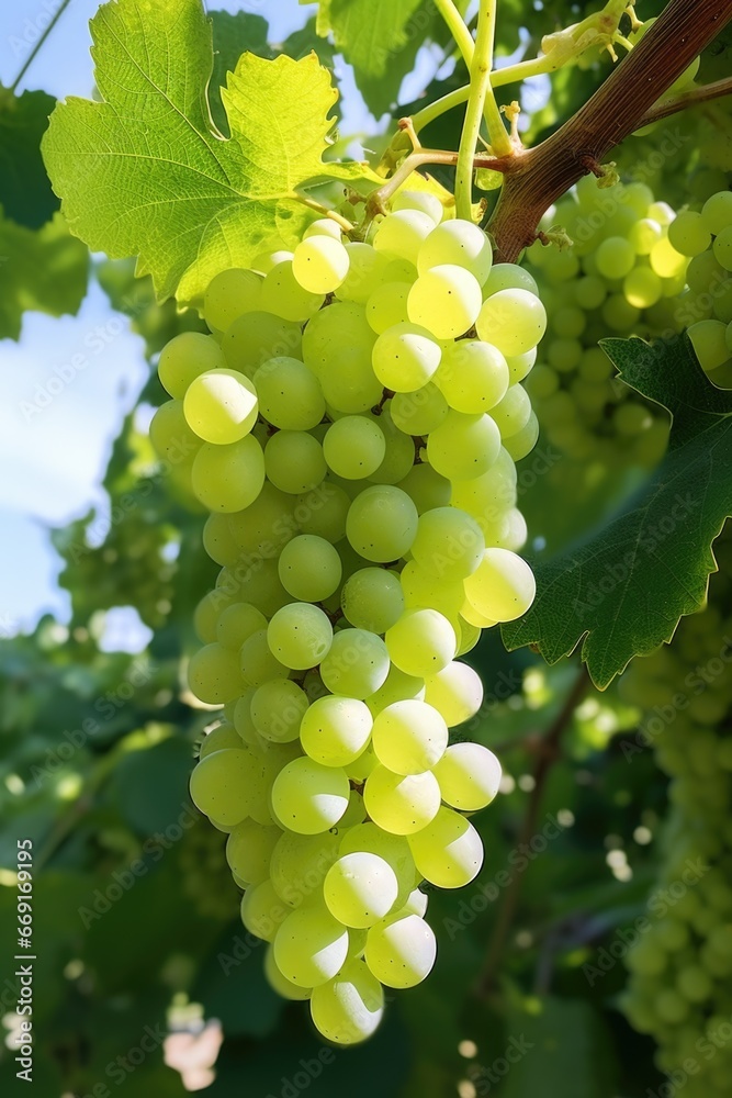 Poster a close-up shot of a bunch of green grapes hanging from a vine. this image can be used to depict fre