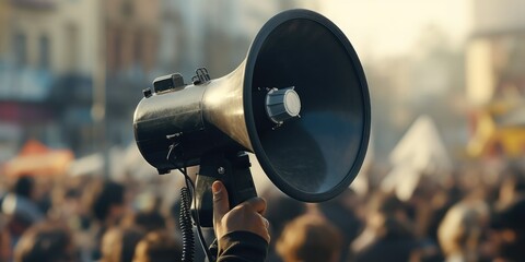 A person holding a megaphone and addressing a large crowd. This image can be used to represent public speaking, leadership, communication, or activism. - obrazy, fototapety, plakaty