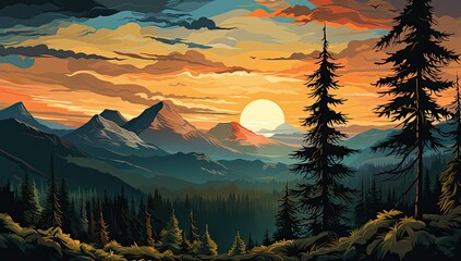 a forest in the background with mountains and sunset - obrazy, fototapety, plakaty