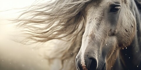 A close-up shot of a horse with long hair blowing in the wind. Perfect for equestrian enthusiasts or nature lovers.