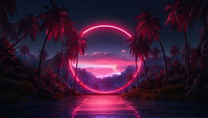 a glowing neon circle with jungle plants - Powered by Adobe