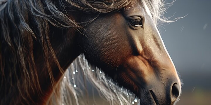 A detailed close-up image of a brown horse with long, flowing hair. This picture can be used to showcase the beauty and majesty of horses in various contexts.