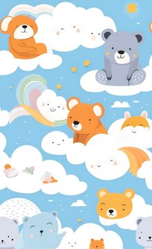 children hand drawn cute animals sleeping on clouds and rainbows. Bear, koala, elephant, fox. Illustration in scandinavian style. Kids wallpaper design. Baby room design, wall decor, Generative AI