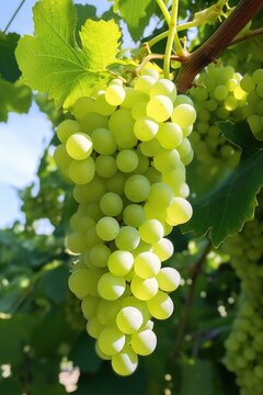 A close-up shot of a bunch of green grapes hanging from a vine. This image can be used to depict fresh produce, vineyards, agriculture, or healthy eating.