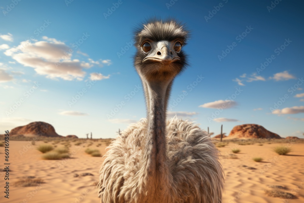 Poster an ostrich standing in the middle of a desert. suitable for nature and wildlife themes.