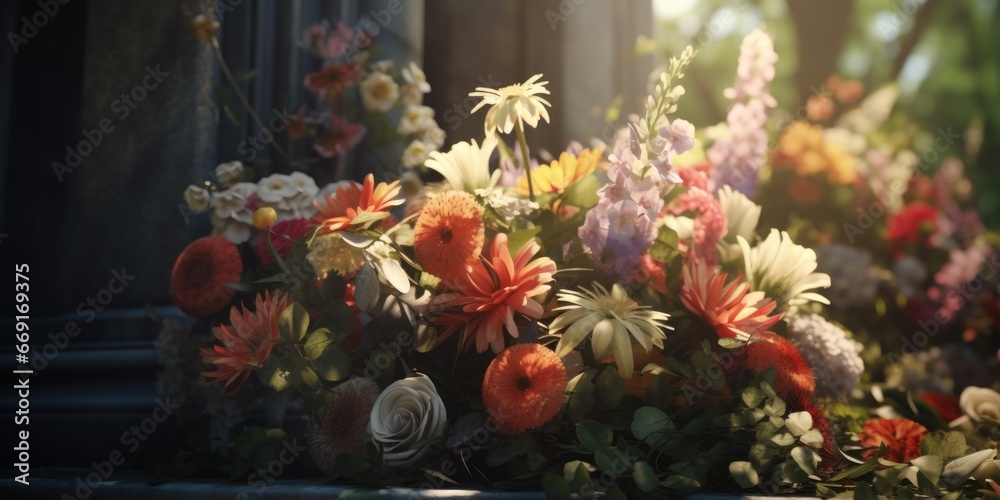 Poster a bunch of flowers sitting on top of a window sill. perfect for adding a touch of beauty and nature 