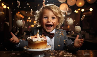  little boy holds up a birthday cake as confetti falls © Photo And Art Panda