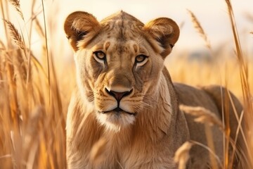 Obraz premium A close-up view of a lion in a field of tall grass. Perfect for wildlife enthusiasts or animal-themed projects.