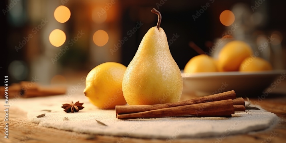 Poster A table is adorned with a bowl of fresh lemons and cinnamon sticks. This versatile image can be used to add a touch of freshness and warmth to various projects.
