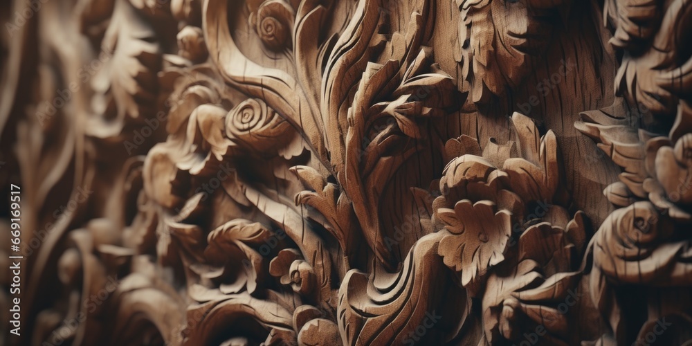 Aufkleber a detailed close-up of a beautifully carved wood wall. this image can be used to add a touch of eleg