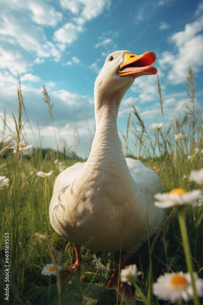 Poster a picture of a duck standing in a field of tall grass. this image can be used to depict wildlife, na