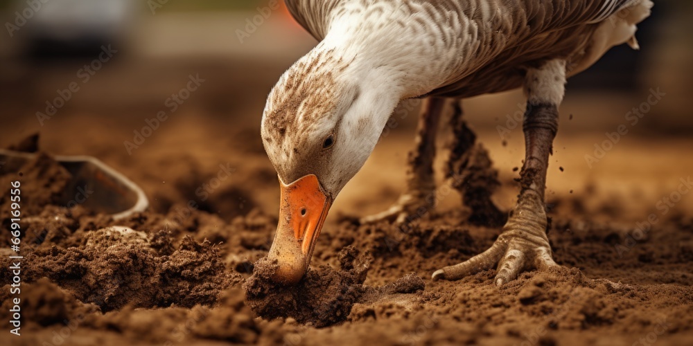 Poster a bird is seen digging in the dirt. this image can be used to depict natural behavior of birds or to