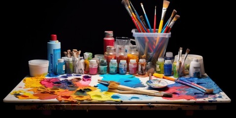 A table filled with a wide variety of art supplies. Perfect for artists, students, and creative projects.