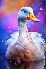 A white duck with a yellow beak swimming peacefully in water. Perfect for nature or animal-themed designs.