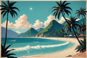 beautiful beach with sea beautiful beach with sea vector illustration of a beautiful tropical beach with a large tree and a large wave