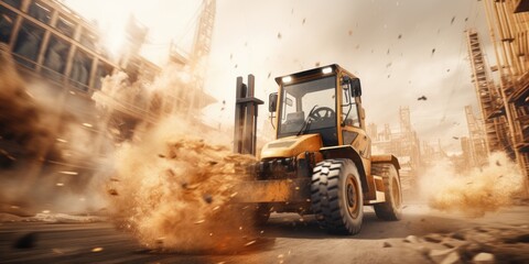 A yellow construction vehicle is seen driving down a busy city street. This picture can be used to showcase urban construction projects or transportation infrastructure.
