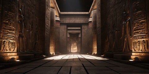 A hallway in an ancient Egyptian temple with tall columns. This image can be used to depict the grandeur and history of ancient Egypt. - obrazy, fototapety, plakaty