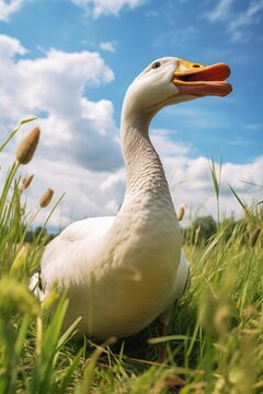 A white duck sitting peacefully in a field of tall grass. This image captures the serene beauty of nature. Perfect for nature enthusiasts and animal lovers.
