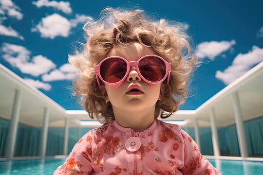 baby girl in a swimming pool with sunglasses