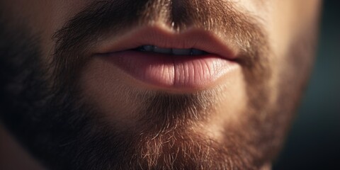 Obraz premium A close-up view of a man's lips with a stylish beard. This image can be used to depict masculinity, fashion, grooming, or personal care.