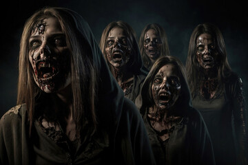 Fototapeta na wymiar Scary zombie with bloody face outdoors, closeup. Halloween monster, ai generative