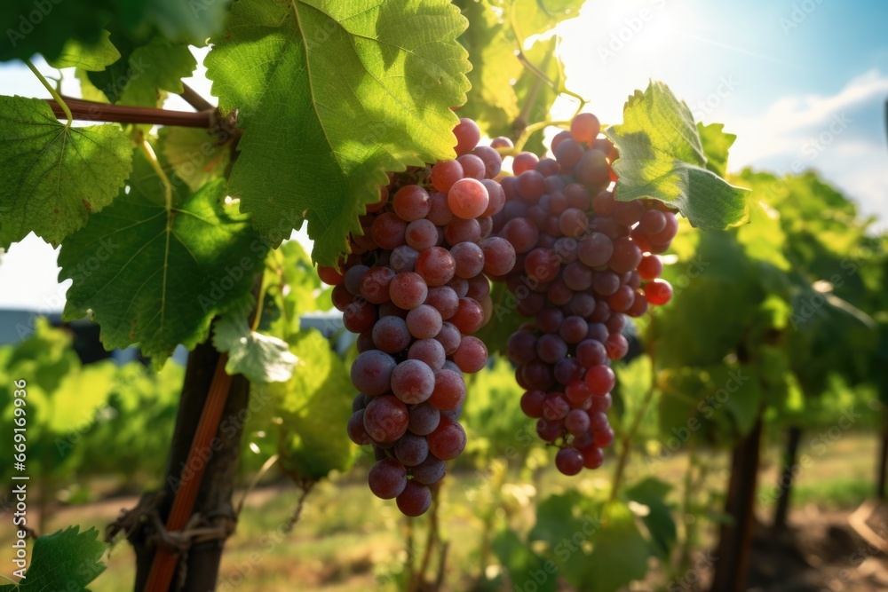 Poster a cluster of grapes hanging from a vine. perfect for wine-making or agricultural-themed projects.