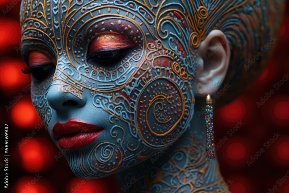 Poster a close-up image of a woman's face with intricate face paint. this picture can be used for various a