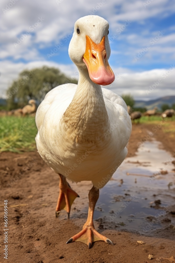Poster a duck standing in a muddy field next to a puddle of water. suitable for nature and wildlife themes.