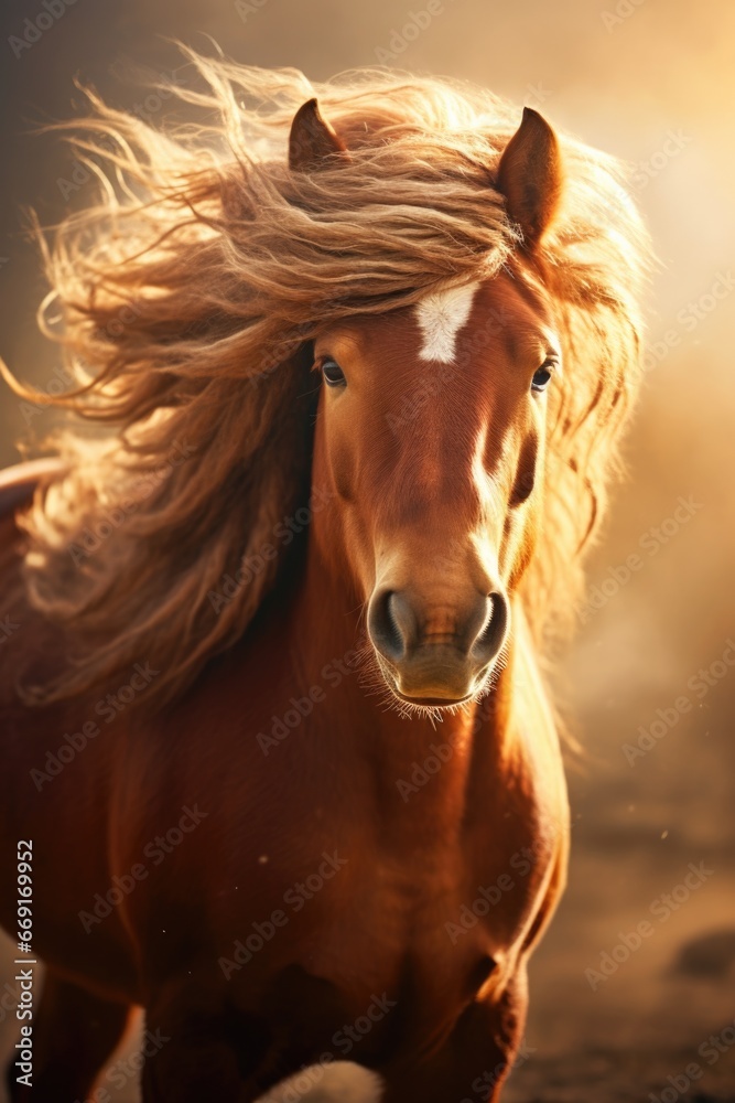 Poster A captivating image of a brown horse running with a long, flowing mane. Perfect for equestrian enthusiasts or anyone in need of a dynamic and energetic horse image.