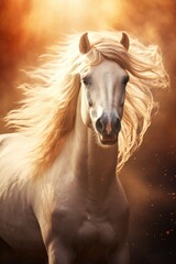 A majestic white horse with a long flowing mane running in a field. Perfect for equestrian enthusiasts or nature lovers looking for a symbol of freedom and grace.