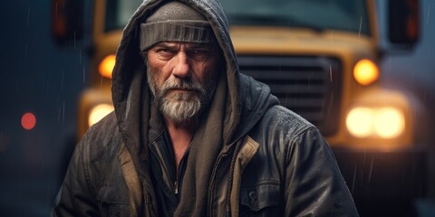 Obraz premium A man wearing a hoodie stands in front of a truck. This image can be used to depict urban lifestyle, transportation, or a mysterious character in a story.